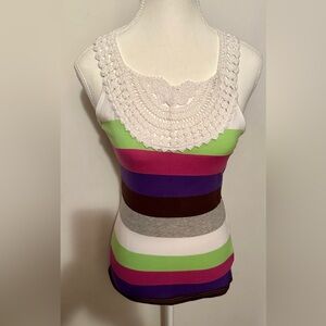 Derek Heart Striped Sleeveless Top With White Crocheted Straps Size Medium